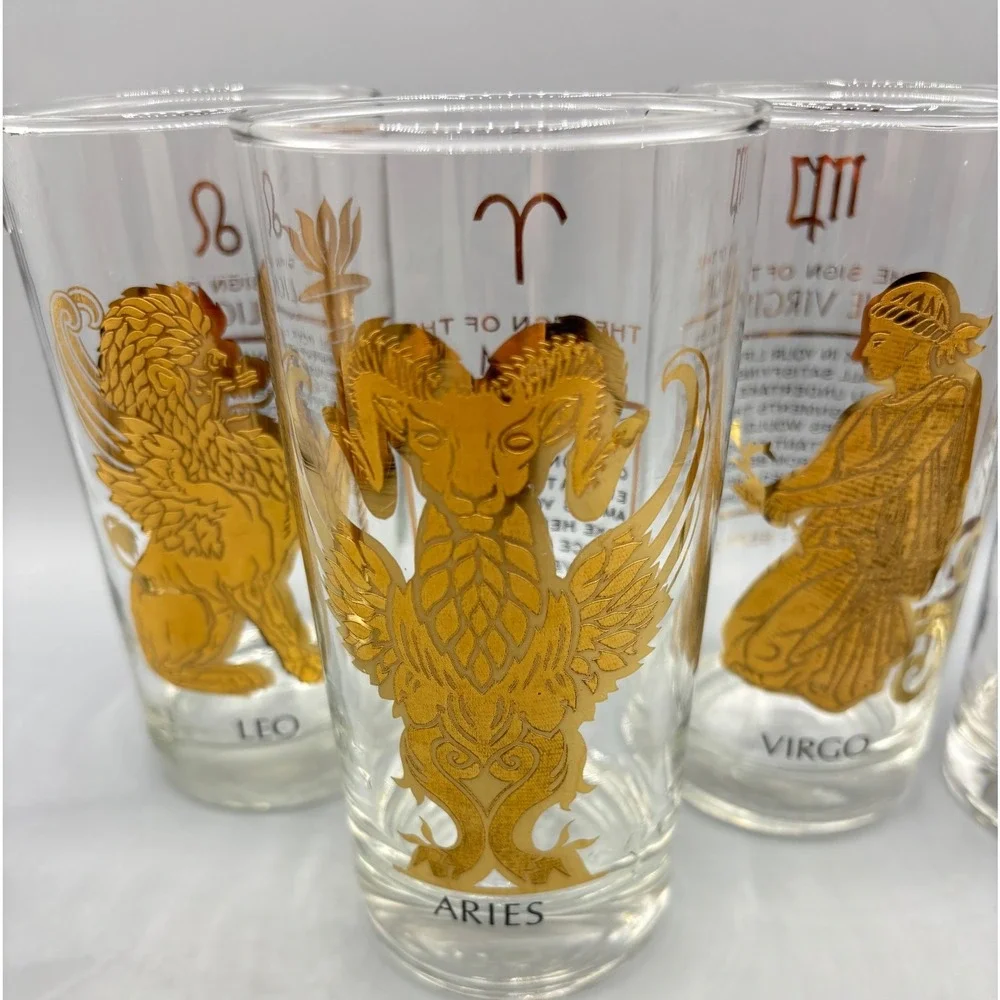 Vtg Set of 5 Gold‎ Zodiac Astrology Glasses Tumblers Barware 22 kt gold